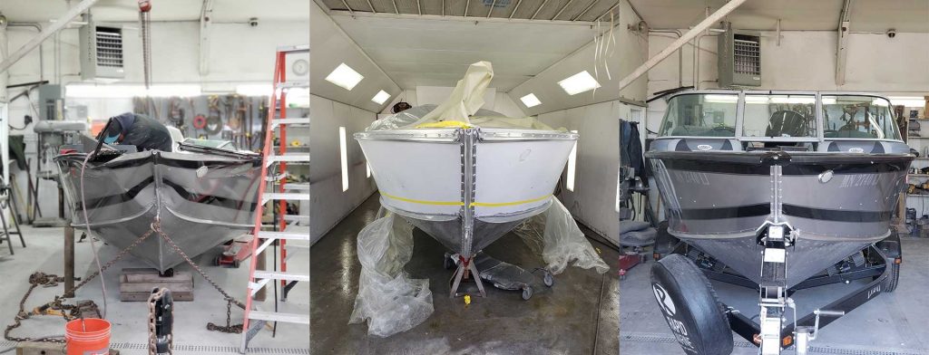 Boat Repair Estimates in Minneapolis MN - Lund Collision Damage - Before, During, and After Repairs & Paint - Front View