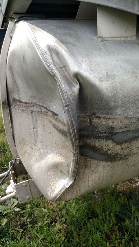 Pontoon Accident Repair - Pontoon Damage Shown from hard impact